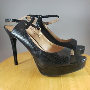 Thalia Sodi Chhloep Black Faux Leather Platform Heels Ankle Strap Buckle SZ 9.5M